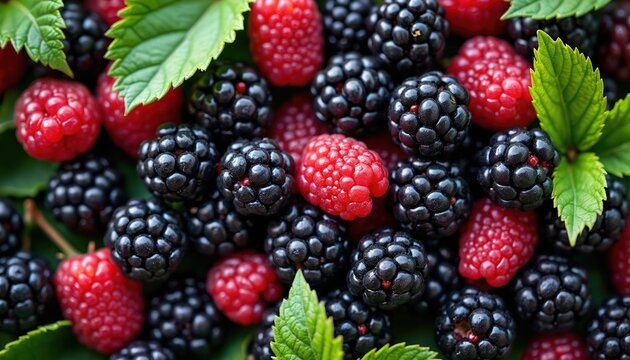 Juicy blackberries and ripe raspberries mixed together with fresh green leaves create a rich vibrant healthy food background. These berries are perfect for summer desserts.