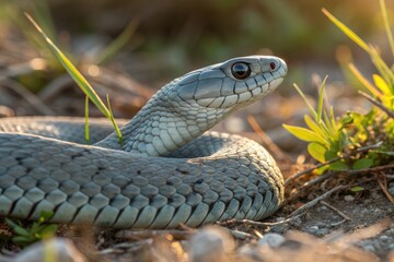 Fototapeta premium Beautiful Green Snake Resting in a Grassy Area During Sunset