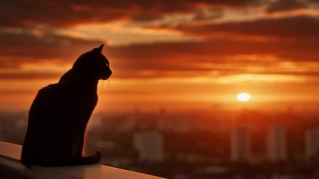 Silhouette of a black cat sitting on a ledge watching a sunset over a city.