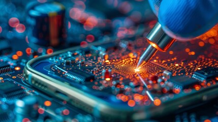 Technician repairing smartphone parts with tools for mobile upgrades and technical enhancements