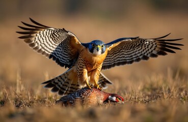 Predatory falcon grips pheasant on dry grass field. Wild bird shows its power with wings spread wide over its catch. Intense gaze of hunter ready to eat.