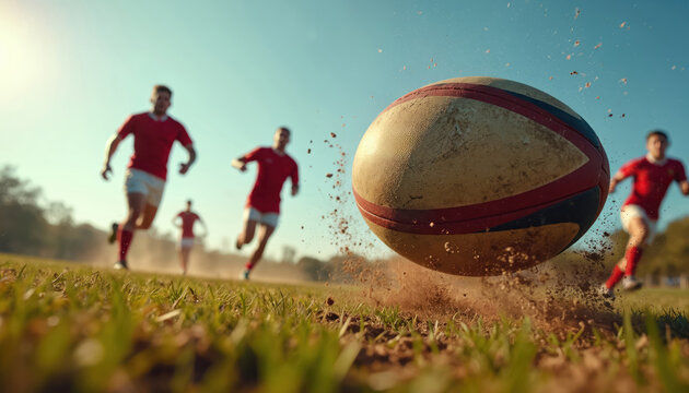 Rugby players in red jerseys chase ball across grass field. Action shot captures dynamic motion and competition. Ball kicks up dirt in game.