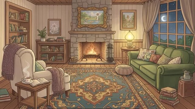 Charming illustrated living room with stone fireplace green sofa vintage rug bookshelf landscape paintings and night window view creating cozy traditional cottage interior with warm ambiance

