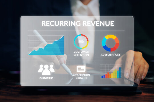 Hand using tablet showing recurring revenue dashboard, subscription business model, customer retention, financial performance analysis, sustainable profit, business growth concept