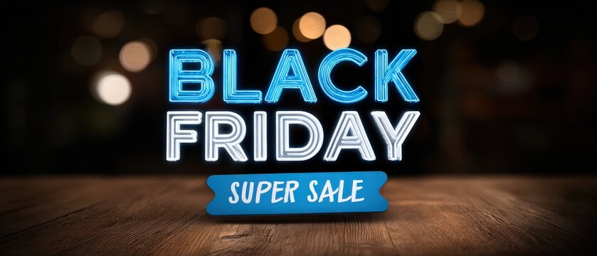 Glowing Black Friday Super Sale Neon Sign on Wooden Table with Bokeh Lights Background for Holiday Shopping Season Promotion - Powered by Adobe