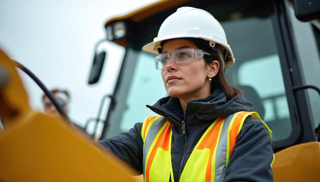 Woman in hard hat, safety vest operates heavy construction machinery. Female engineer drives bulldozer at industrial site. Pro construction worker uses heavy equipment for building project. Site - Powered by Adobe