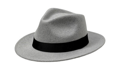 Gray felt hat with black band, against dark background