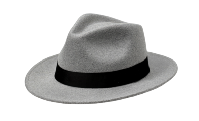Gray felt hat with black band, against dark background