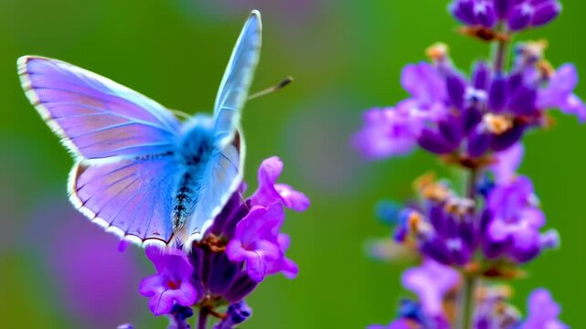 A vibrant blue butterfly sits on a purple flower, wings open, with a soft green background