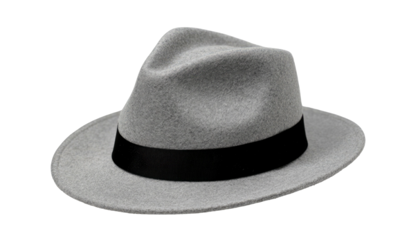 Gray felt hat with black band, against dark background - Powered by Adobe