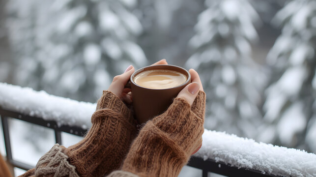 Warm hands holding a cup of coffee on a snowy balcony, enjoying the winter weather. - Powered by Adobe