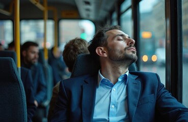 Man in blue suit sleeps on bus during commute. He is tired and resting with eyes closed. Other passengers are sitting nearby in public transport. Businessman is exhausted from work.