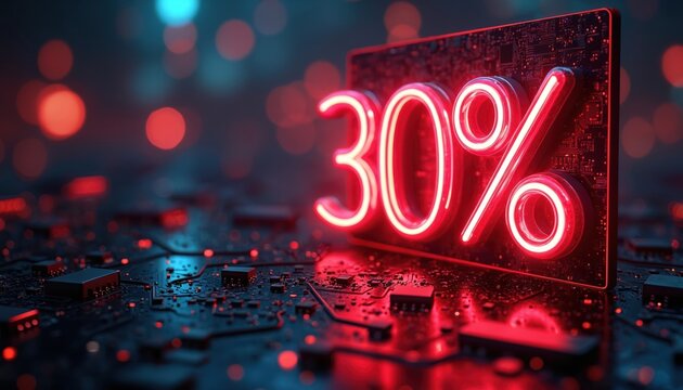 Glowing neon 30 percent sign hovers over dark digital circuit board. Red and blue light effects suggest data, growth and futuristic tech advancements.