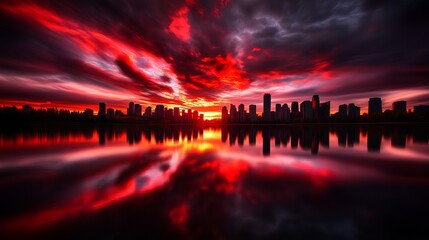 Fototapeta premium City skyline reflects vividly on the water's surface under a dramatic red and dark clouded sky at dusk.