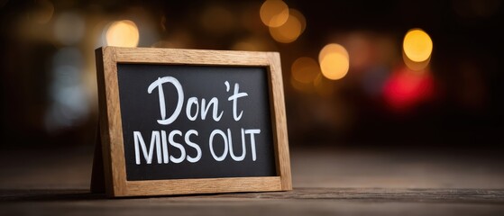 Dont Miss Out Sign on Chalkboard with Bokeh Lights Background Concept of Opportunity, Promotion, and Urgency