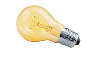 Lit bulb with glowing filament, angled view on black background