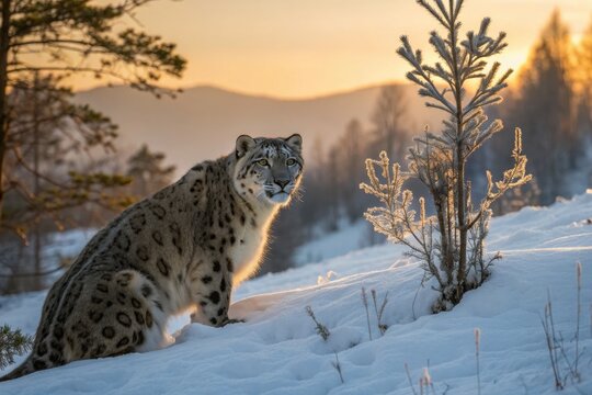 Snow Leopard Resting on Snowy Terrain at Sunset in Winter Landscape
