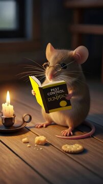 Mouse wearing glasses reading a pest control book by candlelight, showing its intelligence and strategic approach to survival. Vertical video