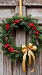 Christmas wreath with pine cones red berries and golden bow hanging on rustic wooden door
