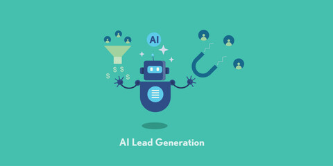 AI lead generation, robot attracts prospects and drives revenue through data optimized sales funnel. 