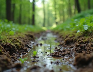 Wet ground in forest with small stream running through. Green plants grow on muddy banks. Sunlight shines through trees creating a peaceful natural scene.