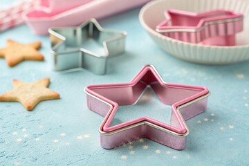 Colorful Star-Shaped Cookie Cutters on a Blue Surface With Baked Cookies