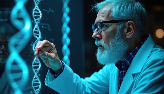 Senior male scientist studies glowing blue DNA helix. Works with advanced tech in modern research lab. Researcher examines genetic code, making new discoveries in molecular science, health, medicine,