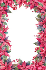 Poinsettia Christmas winter flower and holly berries on branches hand drawn watercolor illustration isolated on white. Bright red rectangular frame for New Year, holiday, festive designs, greetings