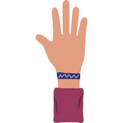 Raising open palm hand with dark purple long sleeve shirt and blue zigzag patterned bracelet on transparent background isolated illustration