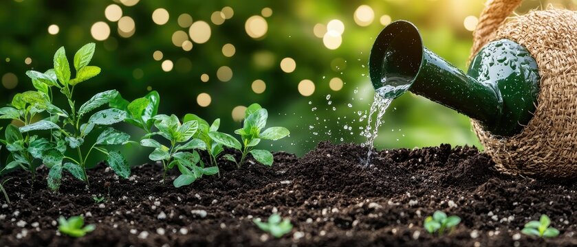 Green watering can pours water onto rich soil, nurturing healthy plants that thrive under sunlight in a vibrant garden setting