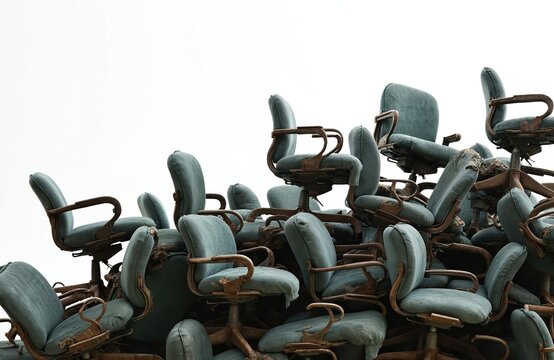 Pile of old office chairs against white backdrop. Concept of waste disposal outdated work environment or office refurbishment. Chairs are worn and damaged.