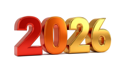 Shiny metallic 3d numbers representing the year 2026 in red orange and gold isolated on transparent background