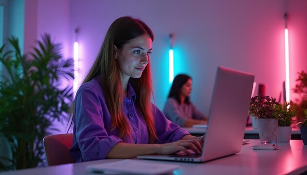 Young woman works on laptop in modern office with neon lights. Female sits at desk typing on computer keyboard. Plants are on table and around office space. Another woman is working in background.