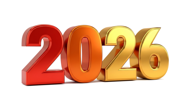 Shiny metallic 3d numbers representing the year 2026 in red orange and gold isolated on transparent background - Powered by Adobe