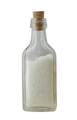 old and vintage bottle of medicine  with salt on white, isolated