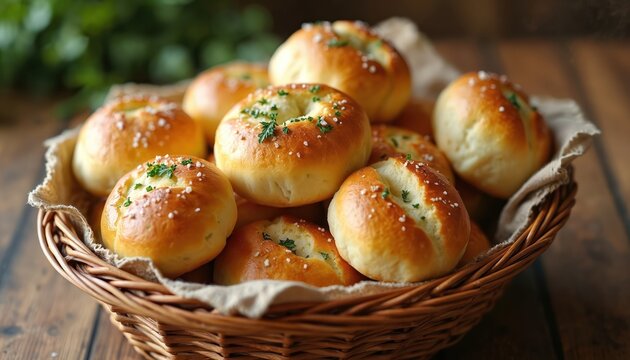 Warm garlic bread rolls with herbs and salt crystals fill a rustic basket. Golden baked buns sit on a wooden table, ready for a delicious meal. Perfect side dish for dinner.