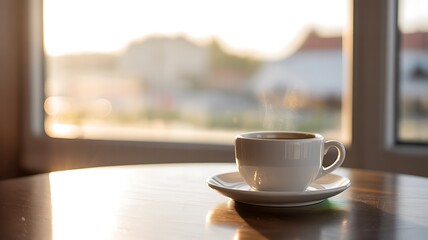 Fototapeta premium stylish Steaming coffee in white mug on rustic wooden table backdrop for you