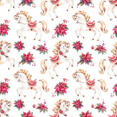 horse golden maned in red harness with poinsettia and holly berries watercolor Christmas seamless pattern. Toy carousel horse hand drawn illustration isolated on white for textile, wrapping paper