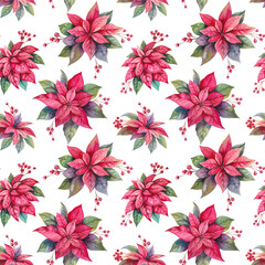 Poinsettia Christmas winter flower and holly berries hand drawn watercolor illustration isolated on white. Bright red plants seamless pattern for New Year eve designs, print, wrapping paper, textile