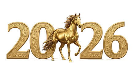 Golden year of the horse 2026 with ornate numbers and majestic stallion isolated on transparent background