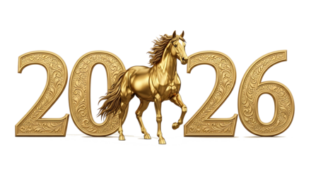 Golden year of the horse 2026 with ornate numbers and majestic stallion isolated on transparent background