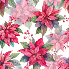 Poinsettia Christmas winter flower and holly berries hand drawn watercolor illustration isolated on white. Bright red plants seamless pattern for New Year eve designs, print, wrapping paper, textile