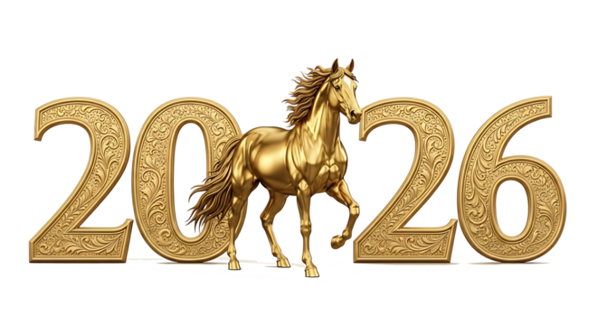 Golden year of the horse 2026 with ornate numbers and majestic stallion isolated on transparent background