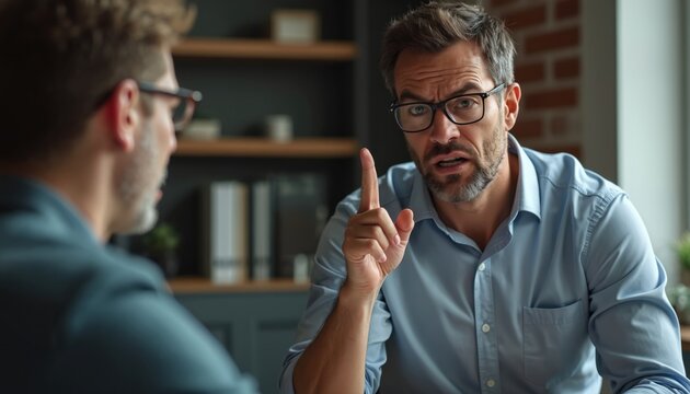 Serious boss in glasses scolds employee at meeting in office. Man raising finger. Conflict discussion disagreement negotiation debate, argument in corporate workplace. Angry executive talking to
