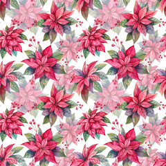 Poinsettia Christmas winter flower and holly berries hand drawn watercolor illustration isolated on white. Red plants seamless pattern for New Year designs, print, wrapping paper, textile, wallpaper