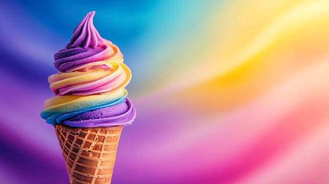 Colorful ice cream sits atop a waffle cone, against a blended rainbow background.