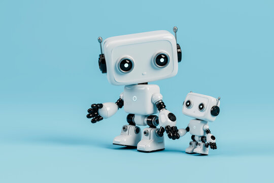 3D robot holding small robot on clean blue background
