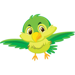 Cute green bird with yellow beak and outstretched wings against a white transparent background full body cartoon illustration
