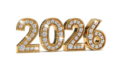 Golden diamond encrusted numbers 2026 symbolizing the upcoming new year celebration and future prosperity isolated on transparent background