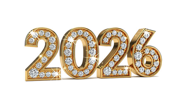 Golden diamond encrusted numbers 2026 symbolizing the upcoming new year celebration and future prosperity isolated on transparent background